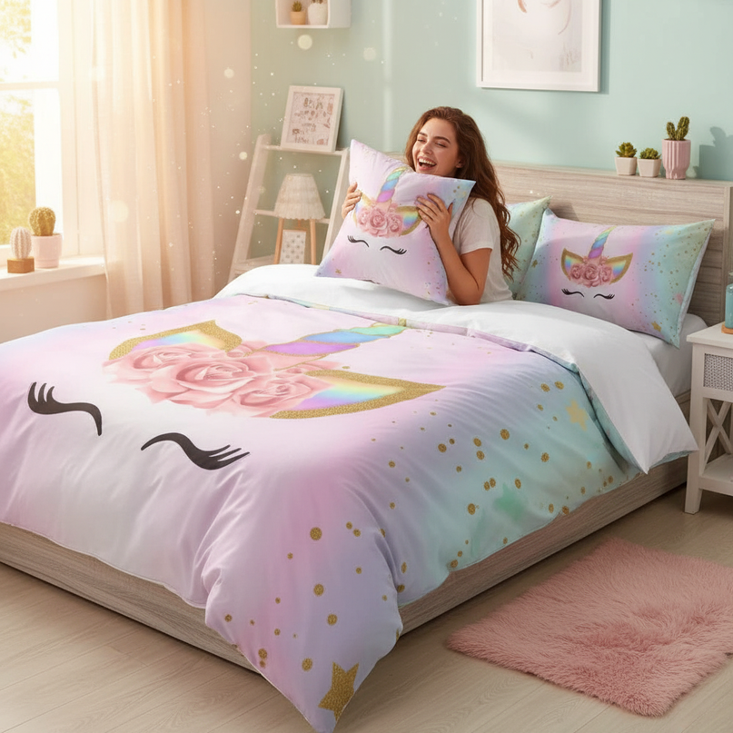 pastel lashes unicorn bedding - in-use