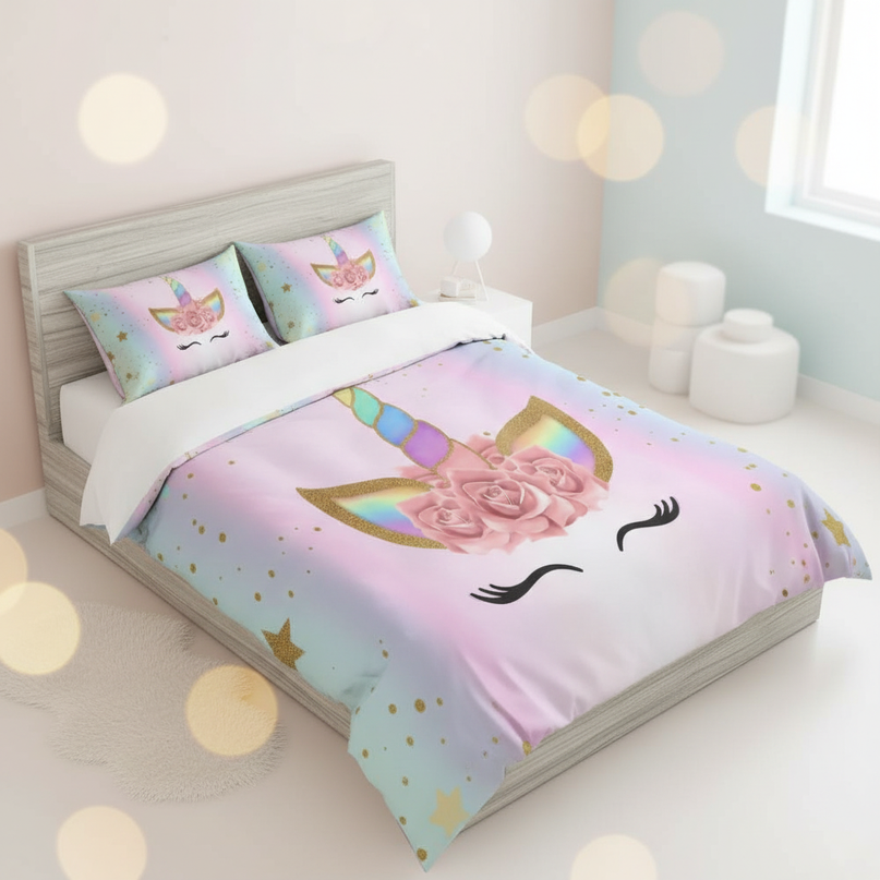 pastel lashes unicorn bedding - lifestyle