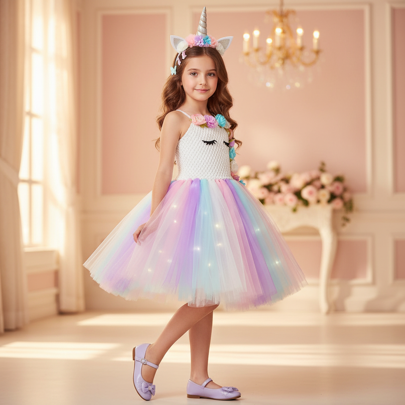 pastel led unicorn tutu dress girls - three-quarter