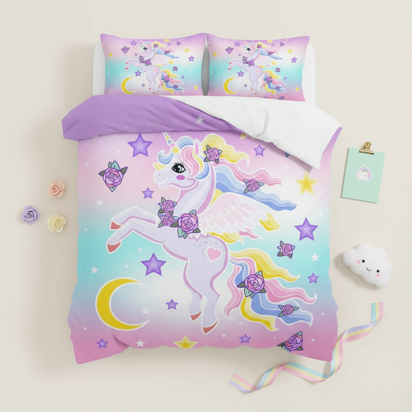 pastel pegasus rose bedding - flat-lay