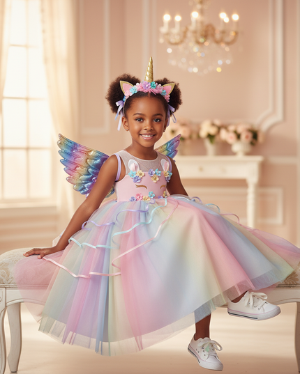 pastel rainbow unicorn dress set - sitting