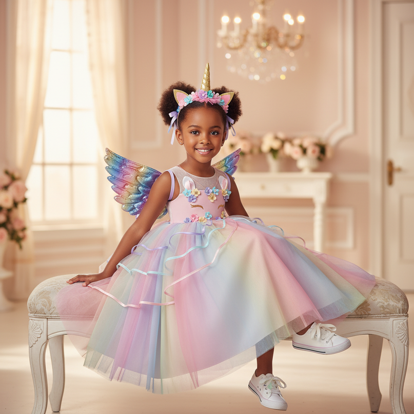 pastel rainbow unicorn dress set - sitting
