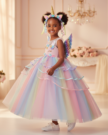 pastel rainbow unicorn dress set - three-quarter