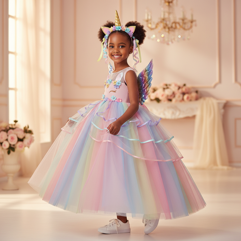 pastel rainbow unicorn dress set - three-quarter