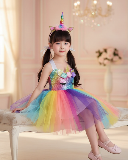 pastel rainbow unicorn tutu dress - sitting
