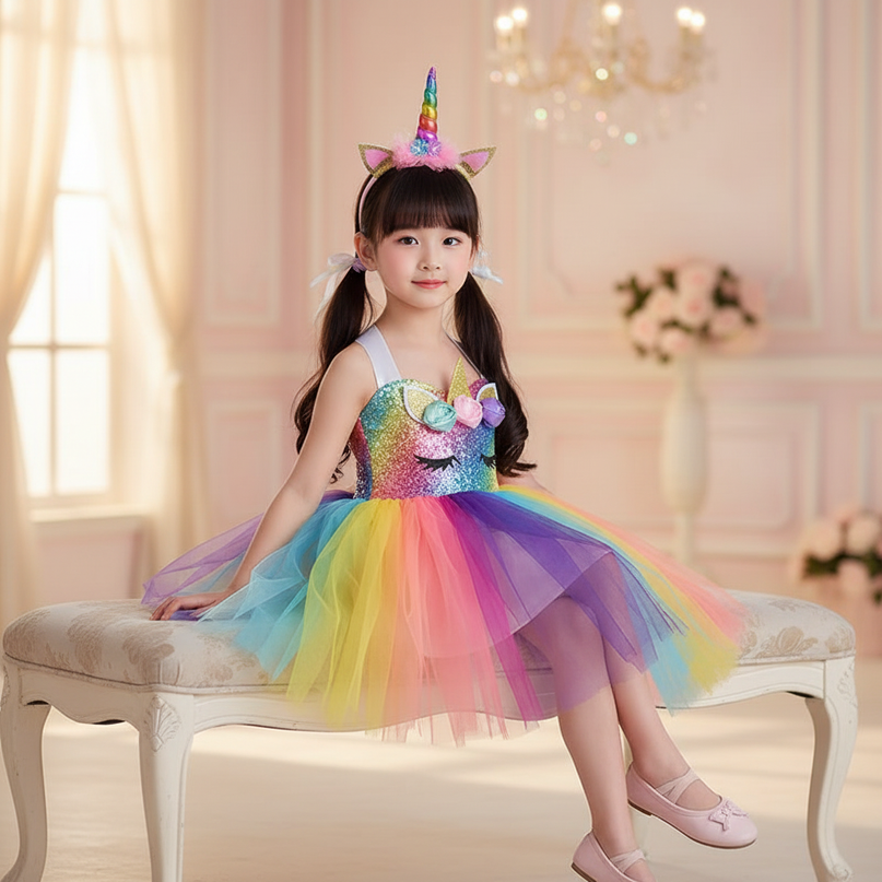 pastel rainbow unicorn tutu dress - sitting