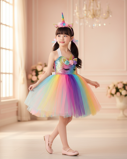 pastel rainbow unicorn tutu dress - three-quarter