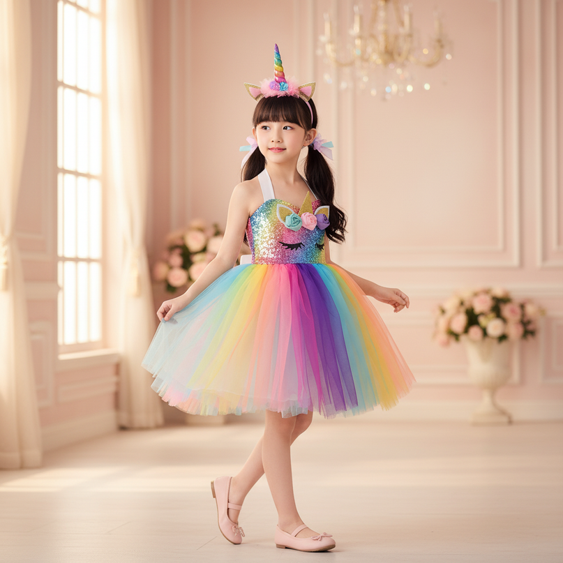 pastel rainbow unicorn tutu dress - three-quarter