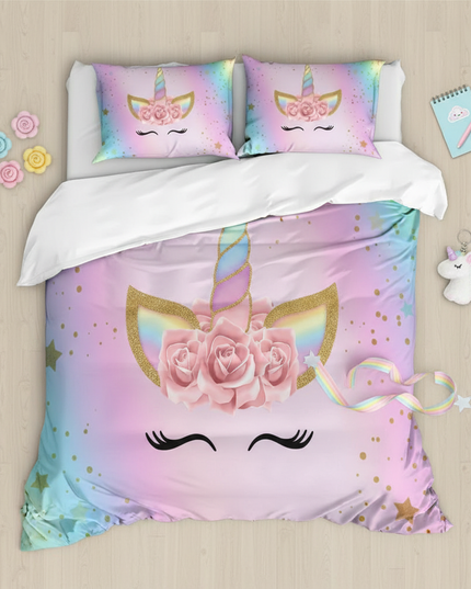 pastel rose petal lashes unicorn bedding - flat-lay