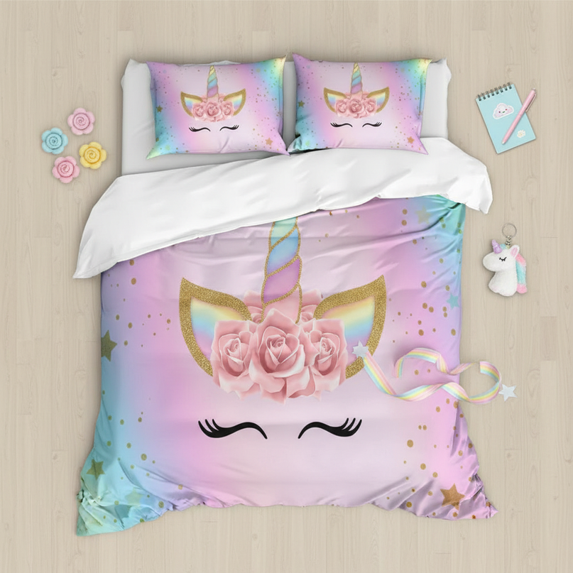 pastel rose petal lashes unicorn bedding - flat-lay