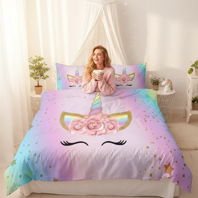 pastel rose petal lashes unicorn bedding - in-use