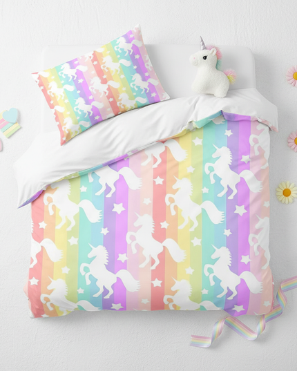 pastel silhouette unicorn bedding - flat-lay