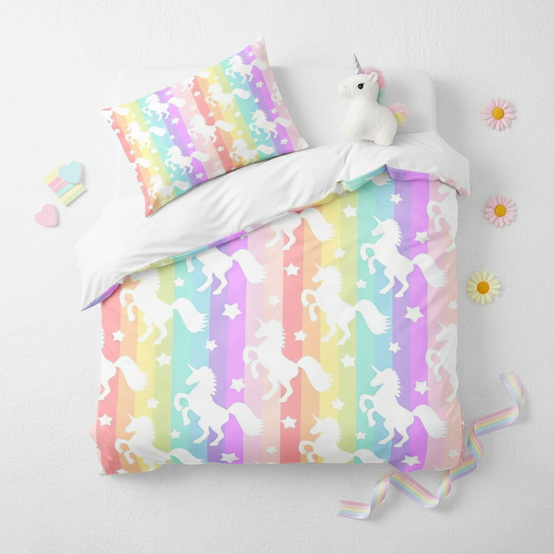pastel silhouette unicorn bedding - flat-lay
