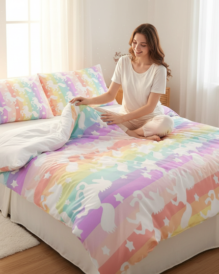 pastel silhouette unicorn bedding - in-use