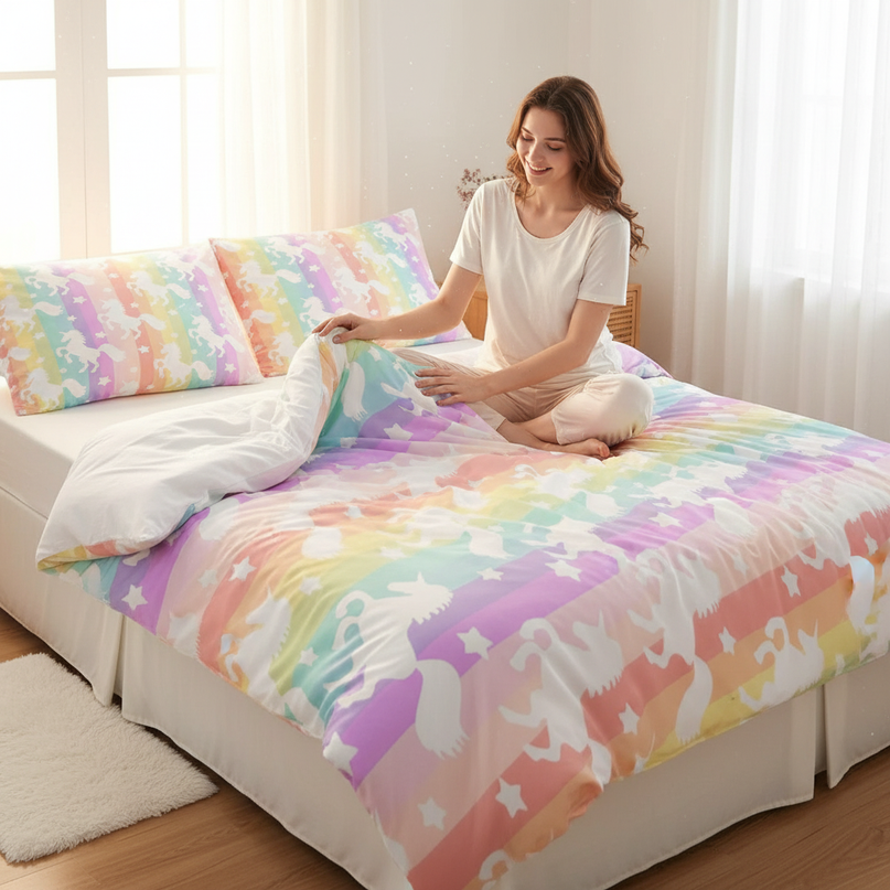 pastel silhouette unicorn bedding - in-use