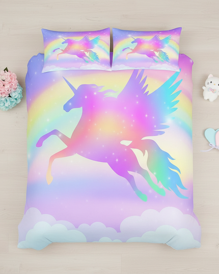 pastel sky wings unicorn bedding - flat-lay