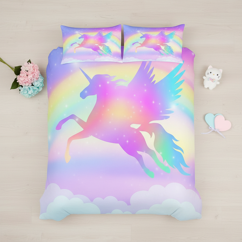pastel sky wings unicorn bedding - flat-lay