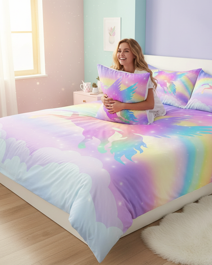 pastel sky wings unicorn bedding - in-use