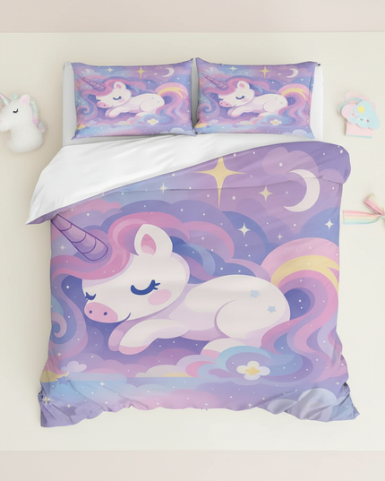 pastel sleeping cloud unicorn bedding - flat-lay
