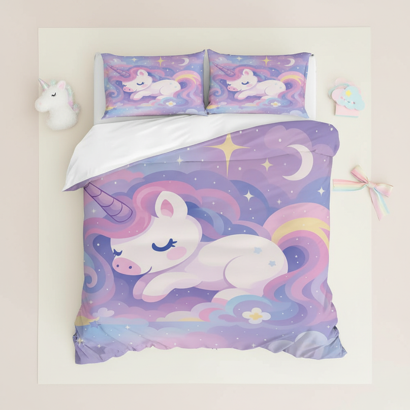 pastel sleeping cloud unicorn bedding - flat-lay