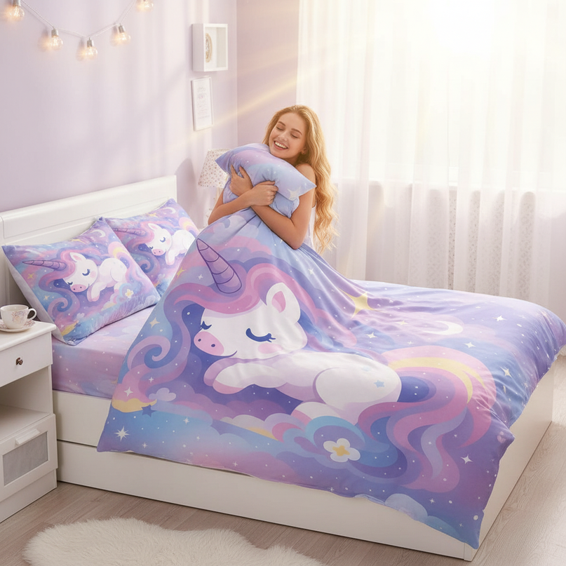 pastel sleeping cloud unicorn bedding - in-use