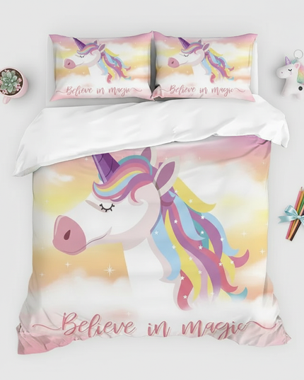 pastel sunset unicorn bedding - flat-lay