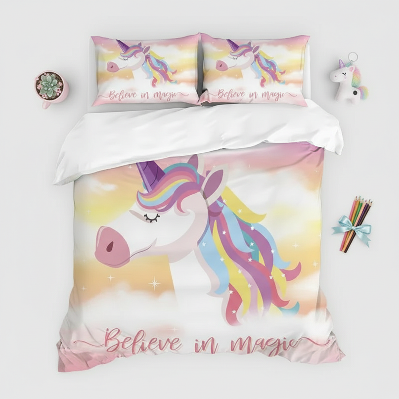 pastel sunset unicorn bedding - flat-lay
