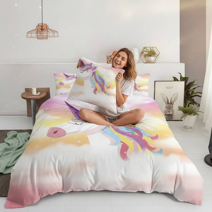 pastel sunset unicorn bedding - in-use