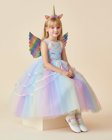 pastel unicorn ball gown dress - sitting