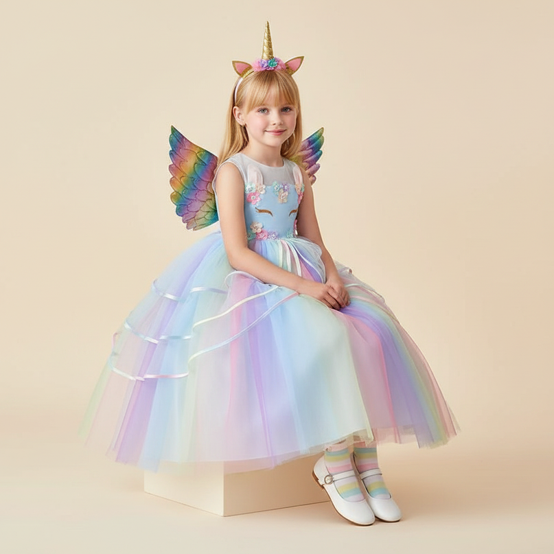 pastel unicorn ball gown dress - sitting