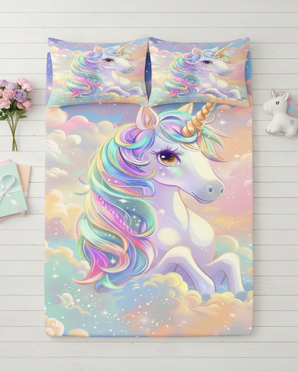 pastel unicorn bed sheet set - flat-lay