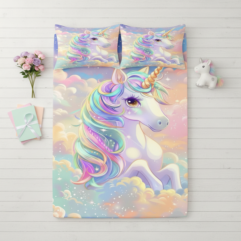 pastel unicorn bed sheet set - flat-lay