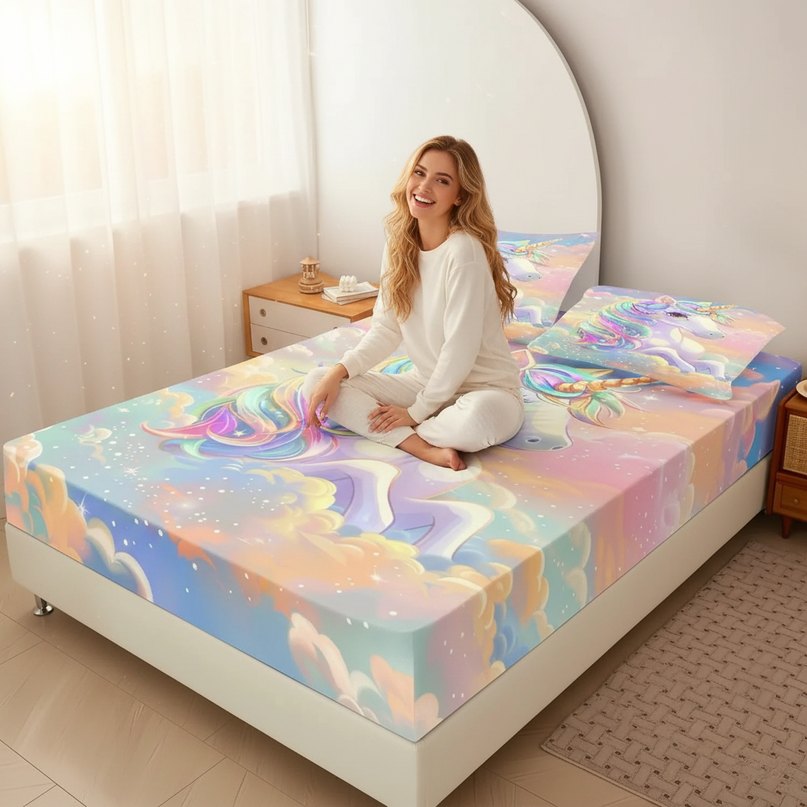 pastel unicorn bed sheet set - in-use