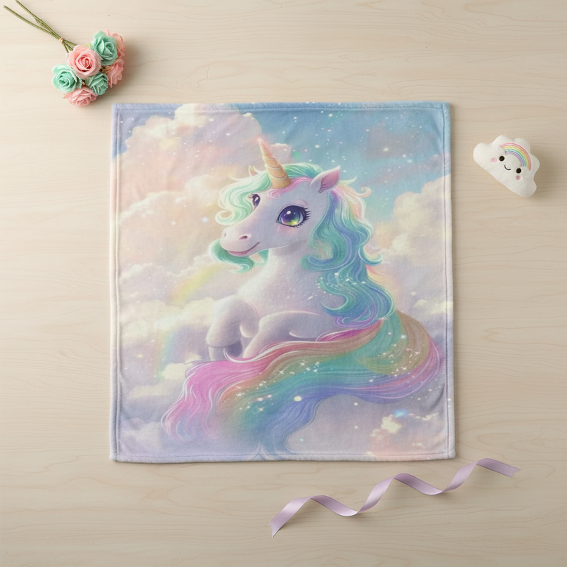 pastel unicorn blanket - flat-lay
