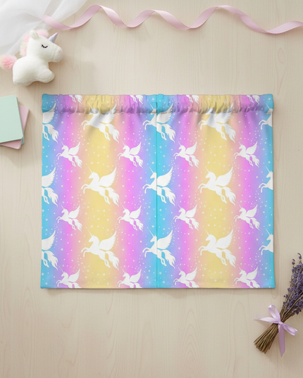 pastel unicorn curtains - flat-lay