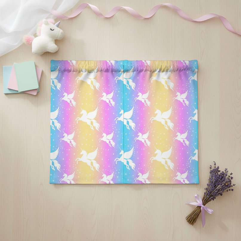 pastel unicorn curtains - flat-lay