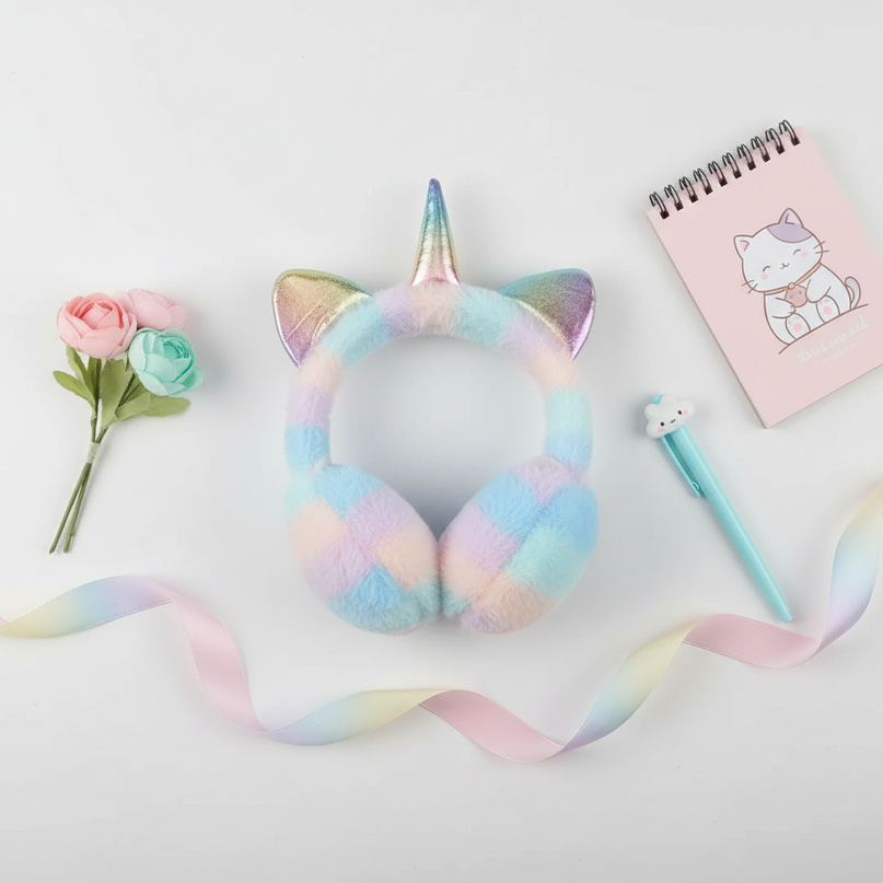 pastel unicorn earmuffs - flat-lay