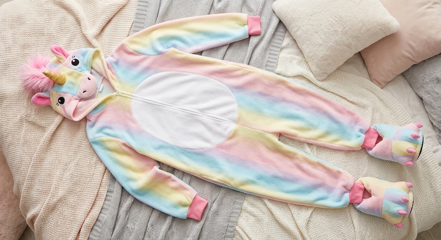 pastel unicorn fleece onesie - flat-lay