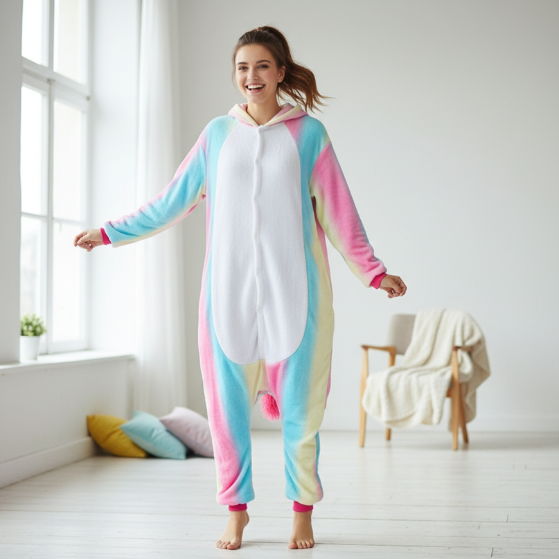 pastel unicorn fleece onesie - in-use