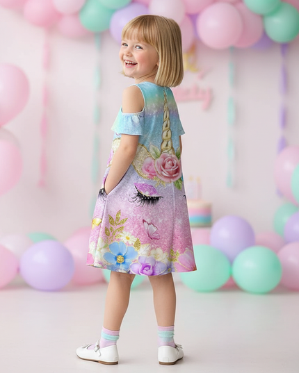 pastel unicorn flower cold shoulder dress - back