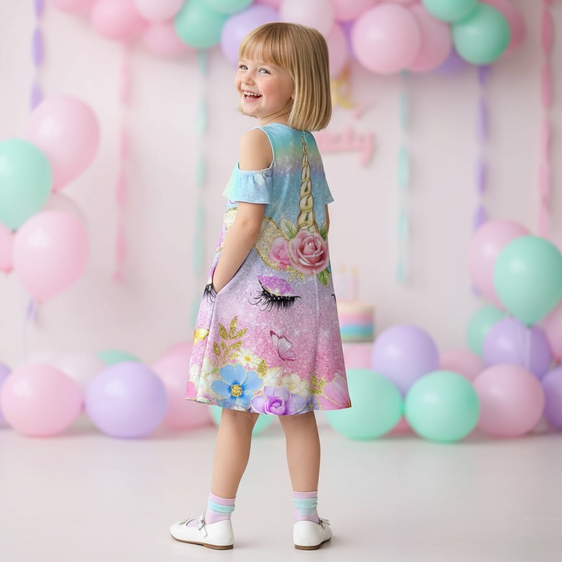 pastel unicorn flower cold shoulder dress - back