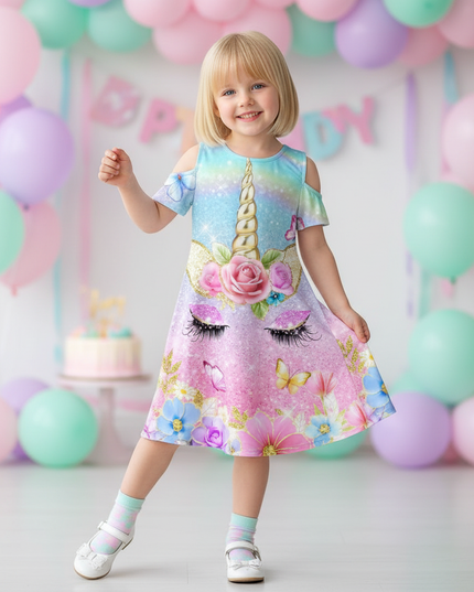 pastel unicorn flower cold shoulder dress - front