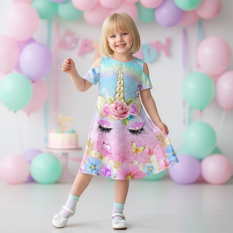 pastel unicorn flower cold shoulder dress - front