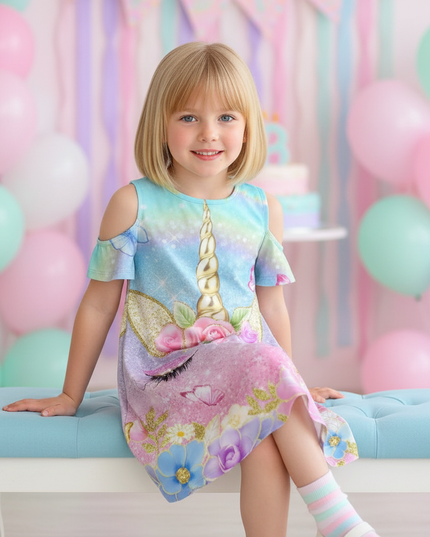 pastel unicorn flower cold shoulder dress - sitting