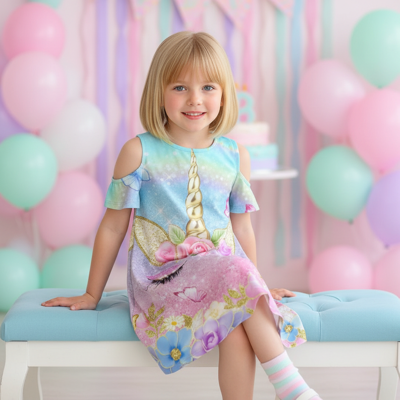 pastel unicorn flower cold shoulder dress - sitting