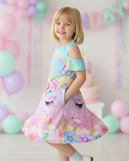 pastel unicorn flower cold shoulder dress - three-quarter