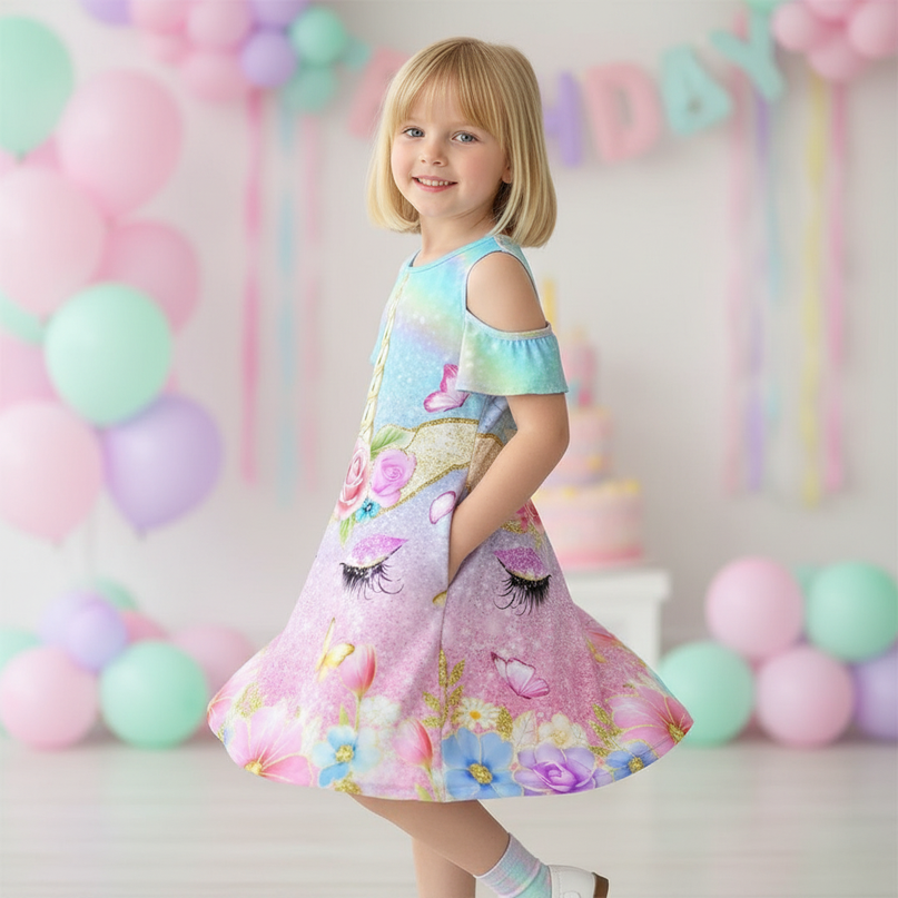 pastel unicorn flower cold shoulder dress - three-quarter