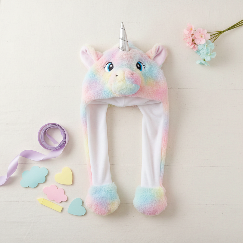 pastel unicorn plush hat - flat-lay