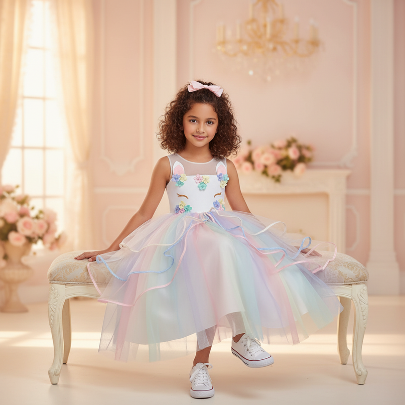 pastel unicorn princess gown dress - sitting