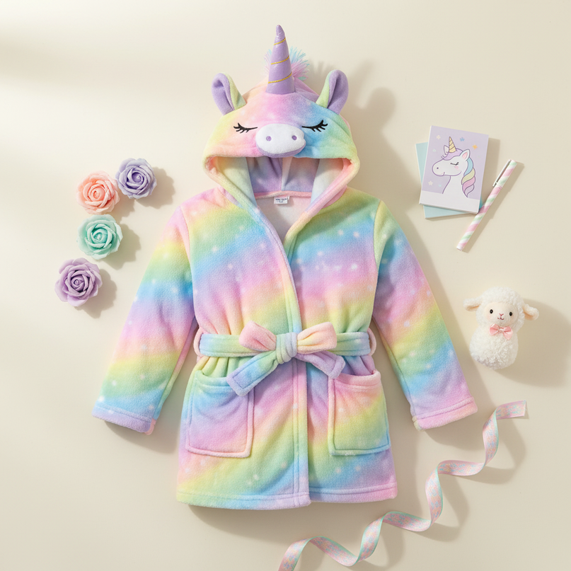 pastel unicorn robe - flat-lay